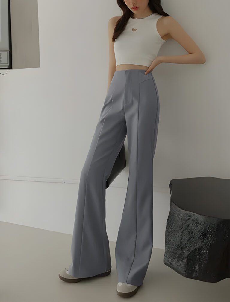 High Waist Flared Trousers grey front 1