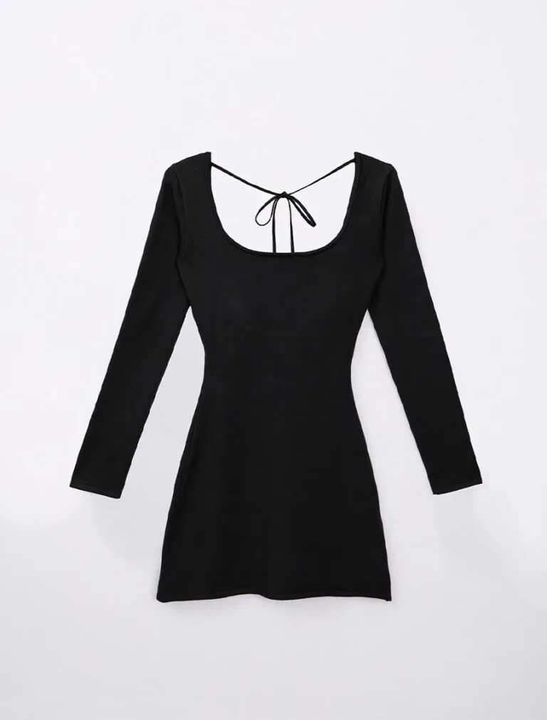 Long Sleeve Backless Bodycon Padded Mini Dress black front