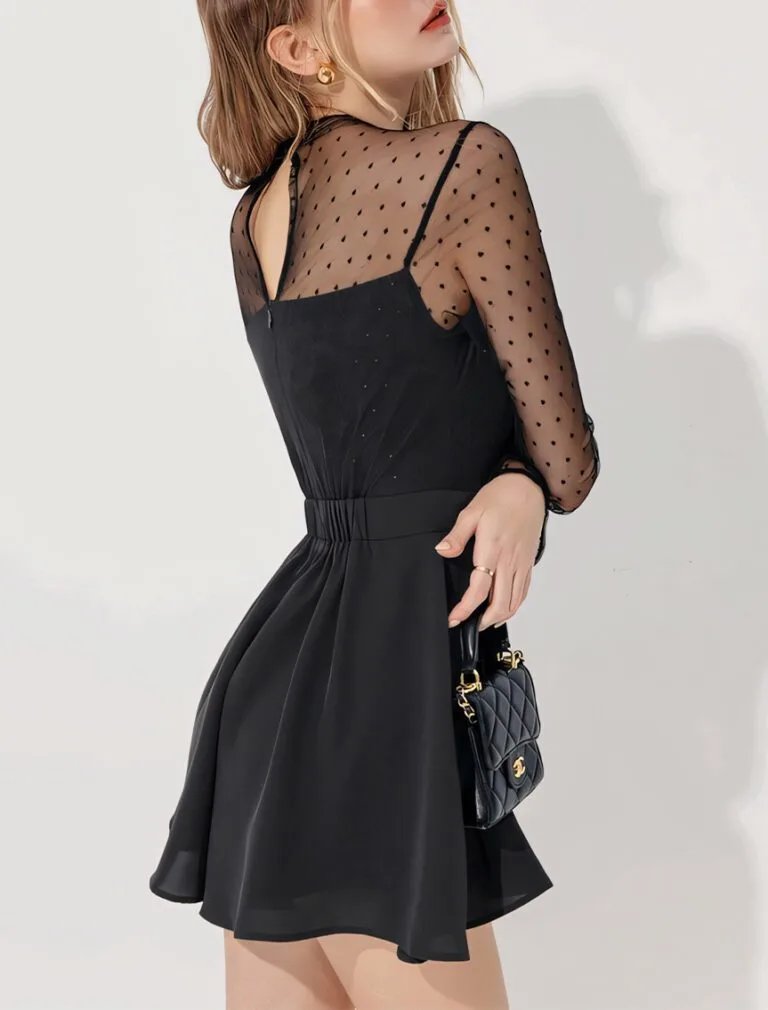 Polka Dots Sheer Mesh Sweetheart Neck Jumpsuit black back 1
