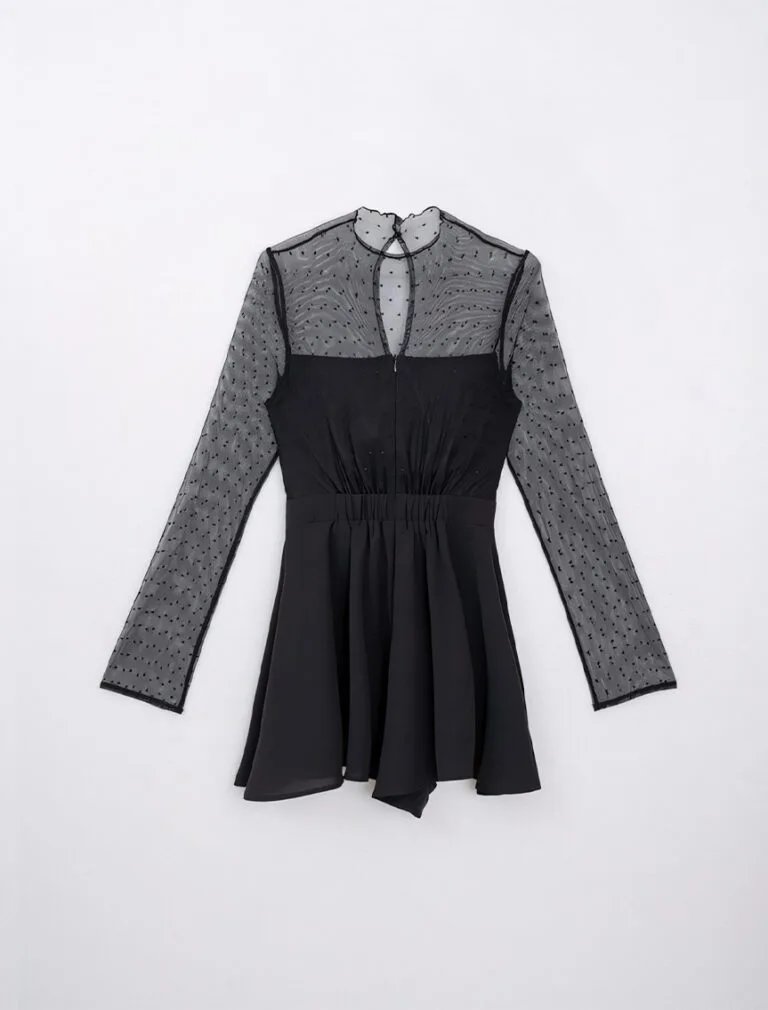 Polka Dots Sheer Mesh Sweetheart Neck Jumpsuit black back