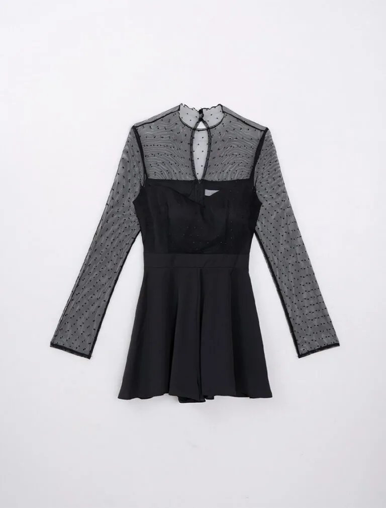 Polka Dots Sheer Mesh Sweetheart Neck Jumpsuit black front