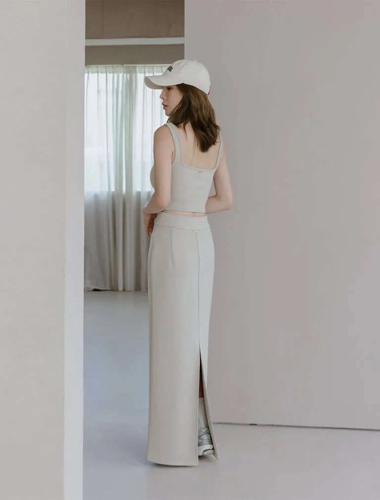 Rear Slit Maxi Skirt foggy grey back