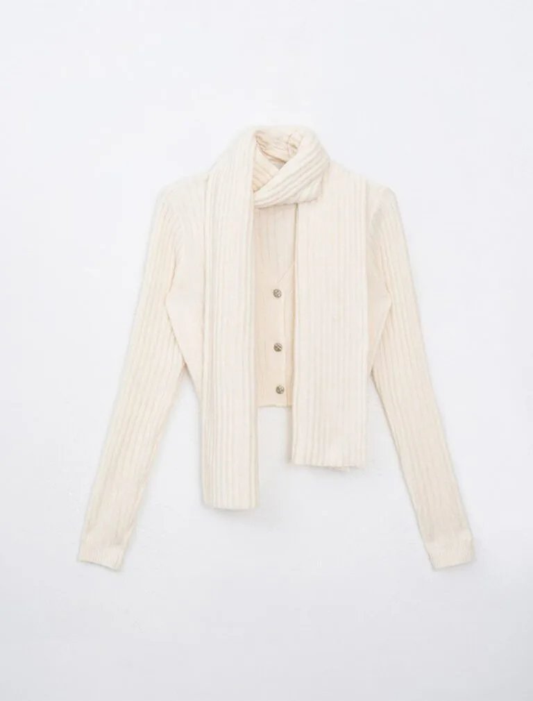 Ribbed Knit Button Front Cropped Top beige front