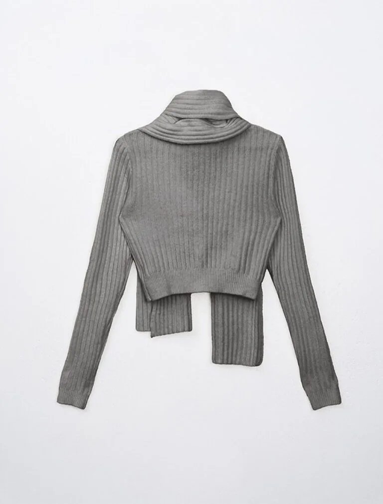 Ribbed Knit Button Front Cropped Top grey back