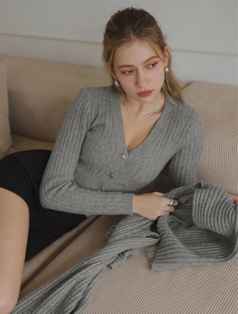 Ribbed Knit Button Front Cropped Top grey front 1