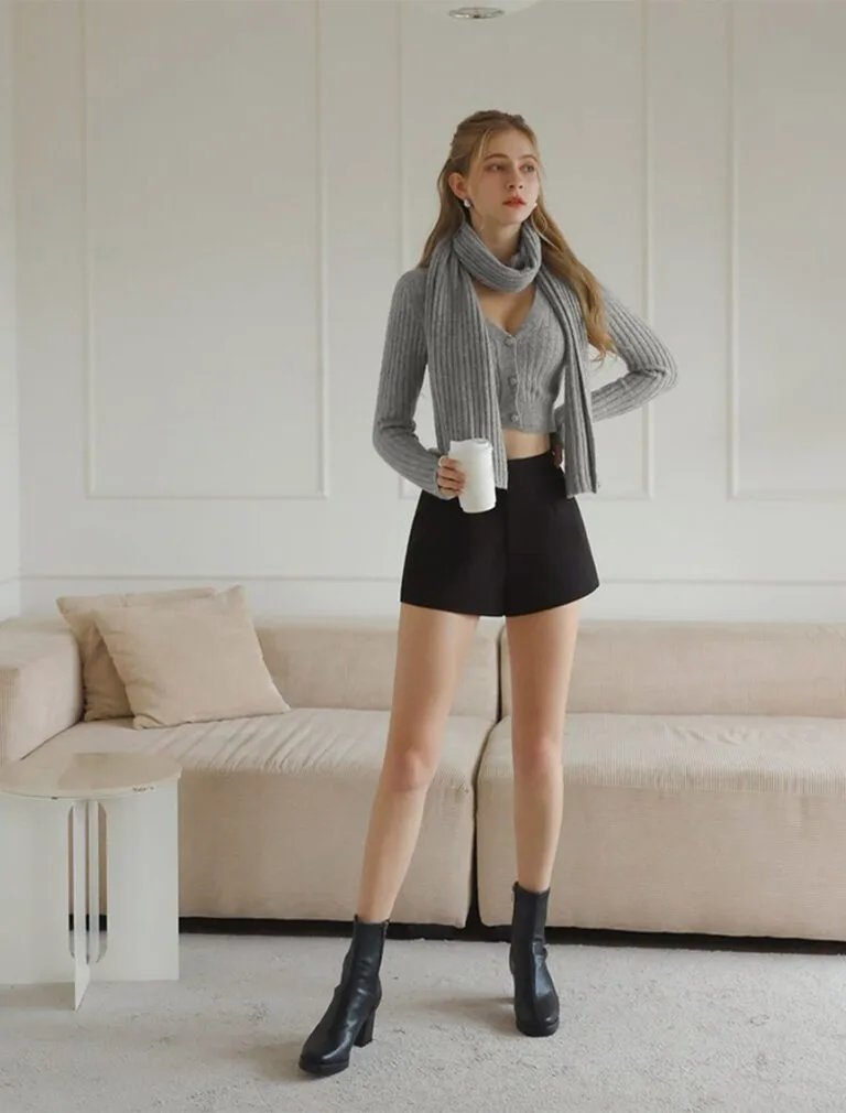 Ribbed Knit Button Front Cropped Top grey front 2