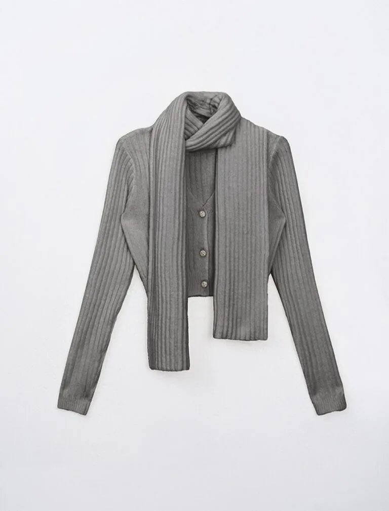 Ribbed Knit Button Front Cropped Top grey front