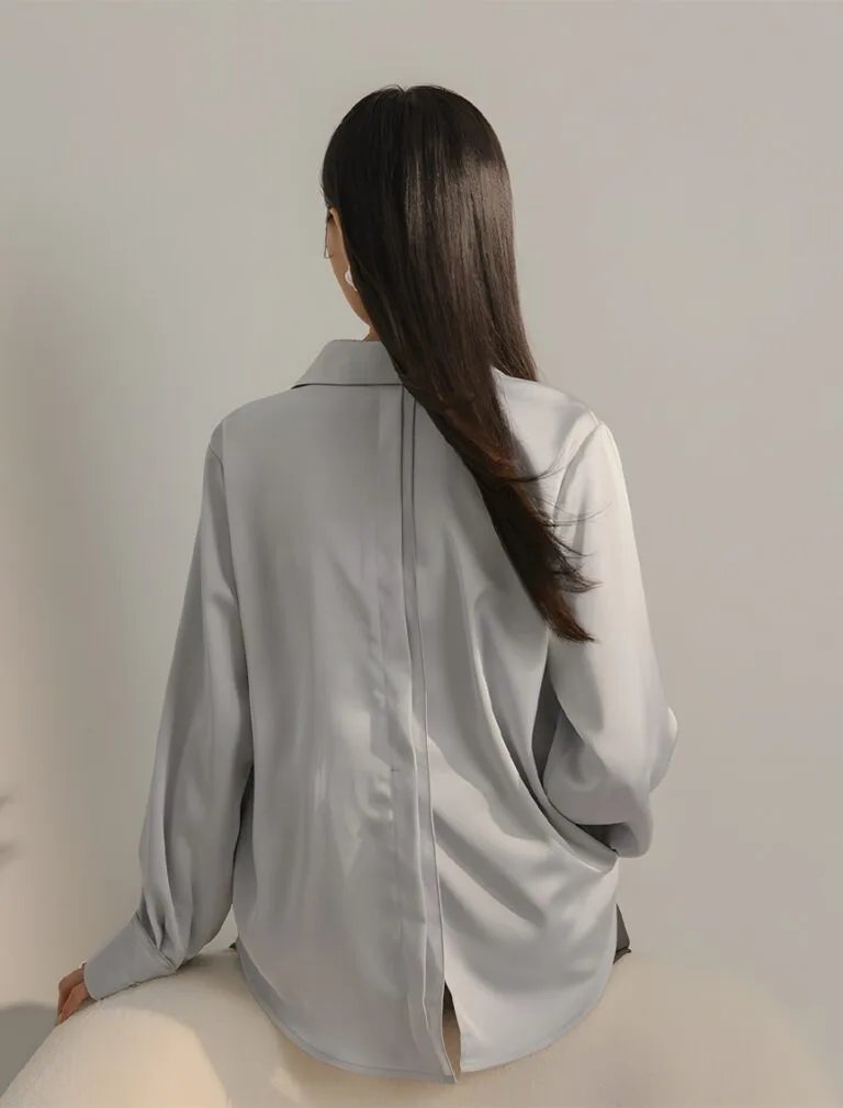 Satin Casual Long Sleeve Button Up Blouse grey back 1