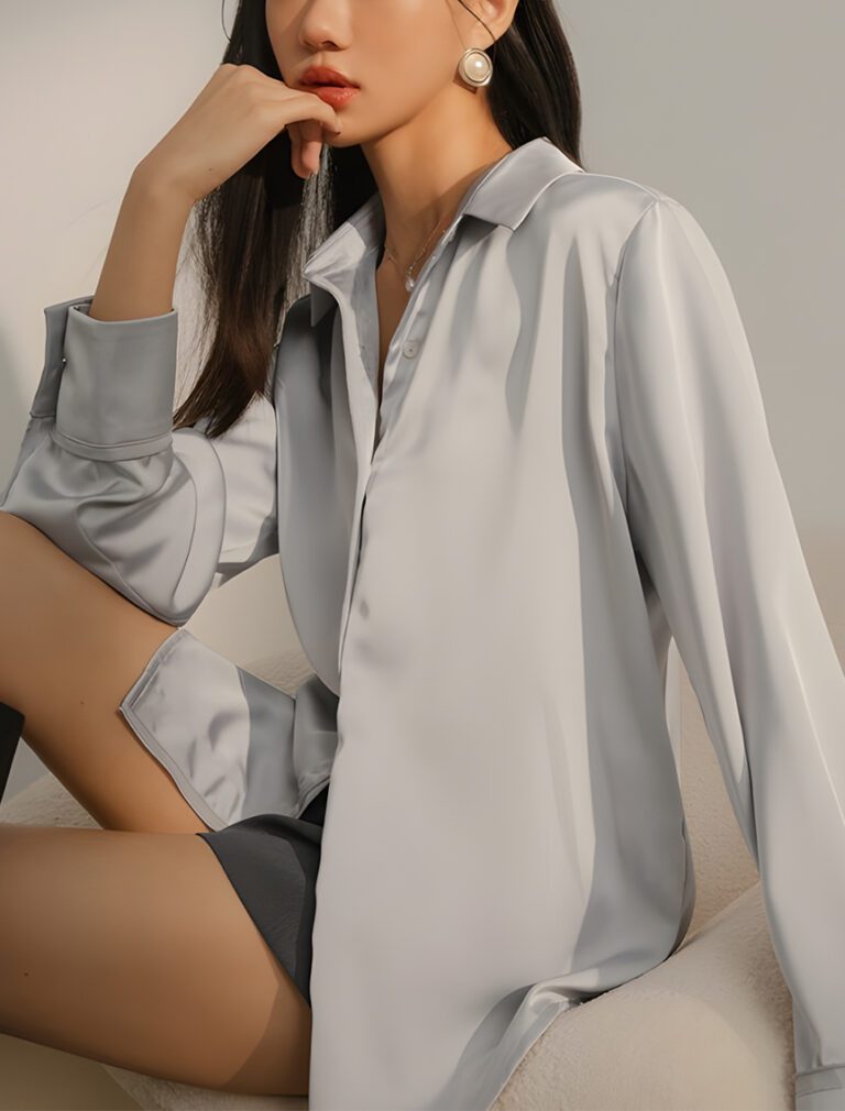 Satin Casual Long Sleeve Button Up Blouse grey front 1