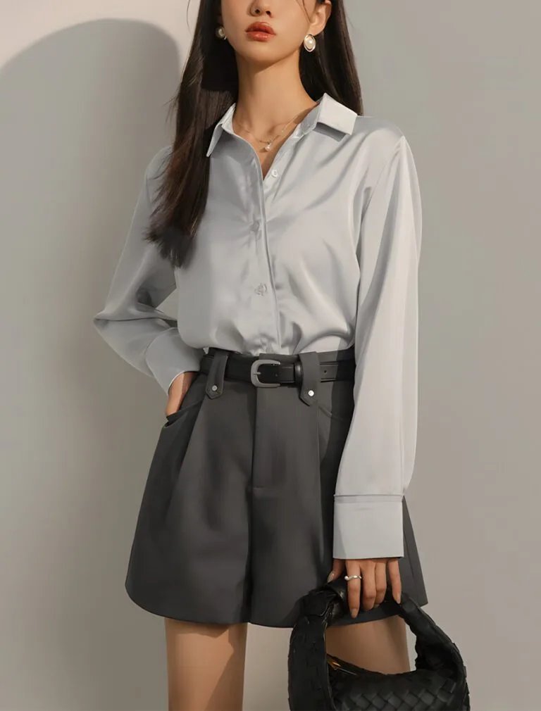 Satin Casual Long Sleeve Button Up Blouse grey front 2