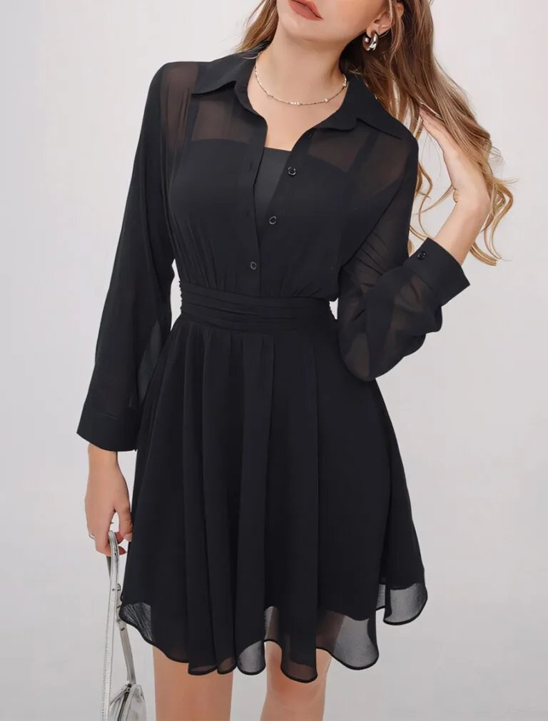 Sheer Chiffon Shirt Mini Dress black front 1