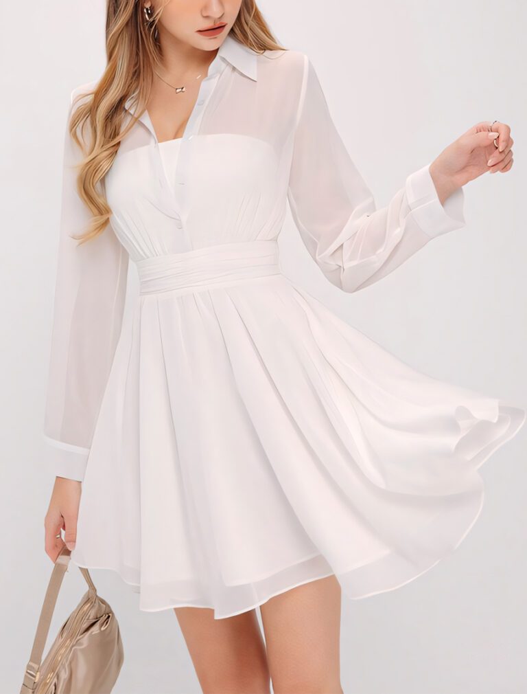 Sheer Chiffon Shirt Mini Dress white front 1