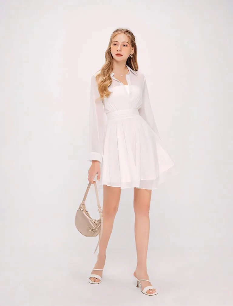 Sheer Chiffon Shirt Mini Dress white front 2