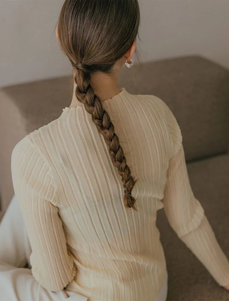 Silver-Threaded Ruffled Neck Top beige back