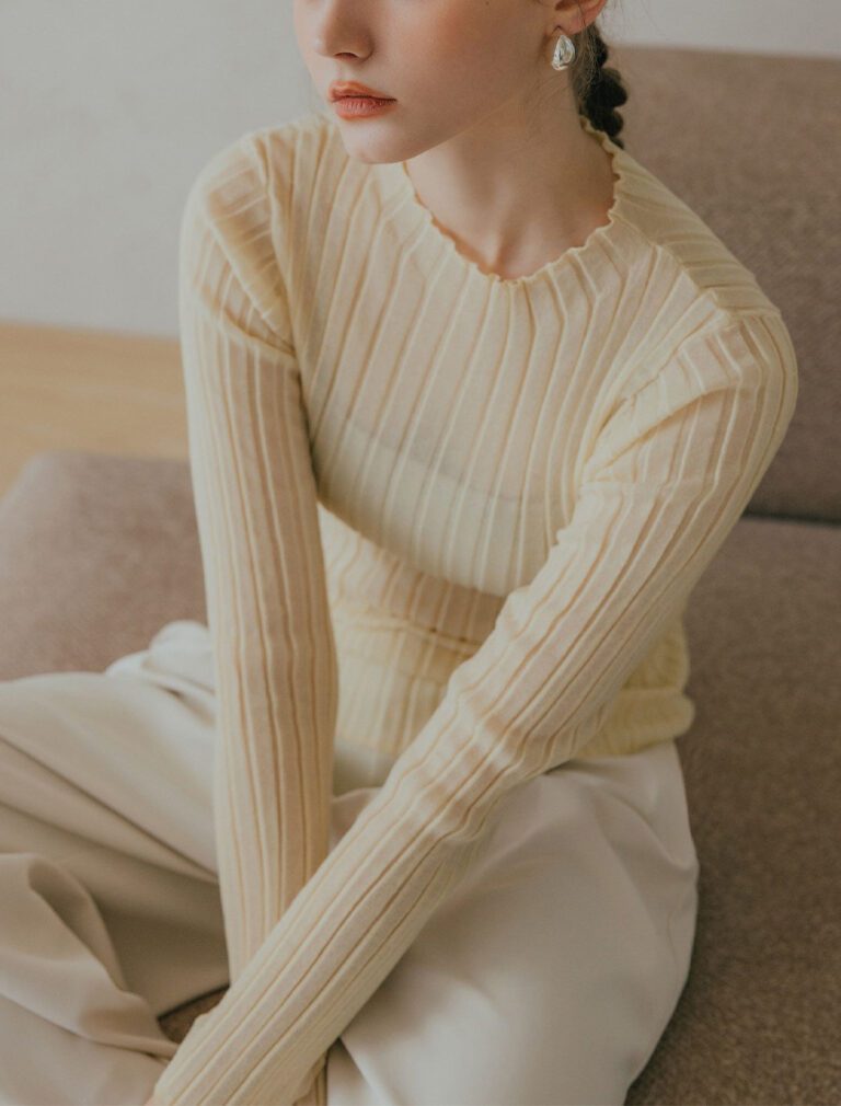 Silver-Threaded Ruffled Neck Top beige front 1