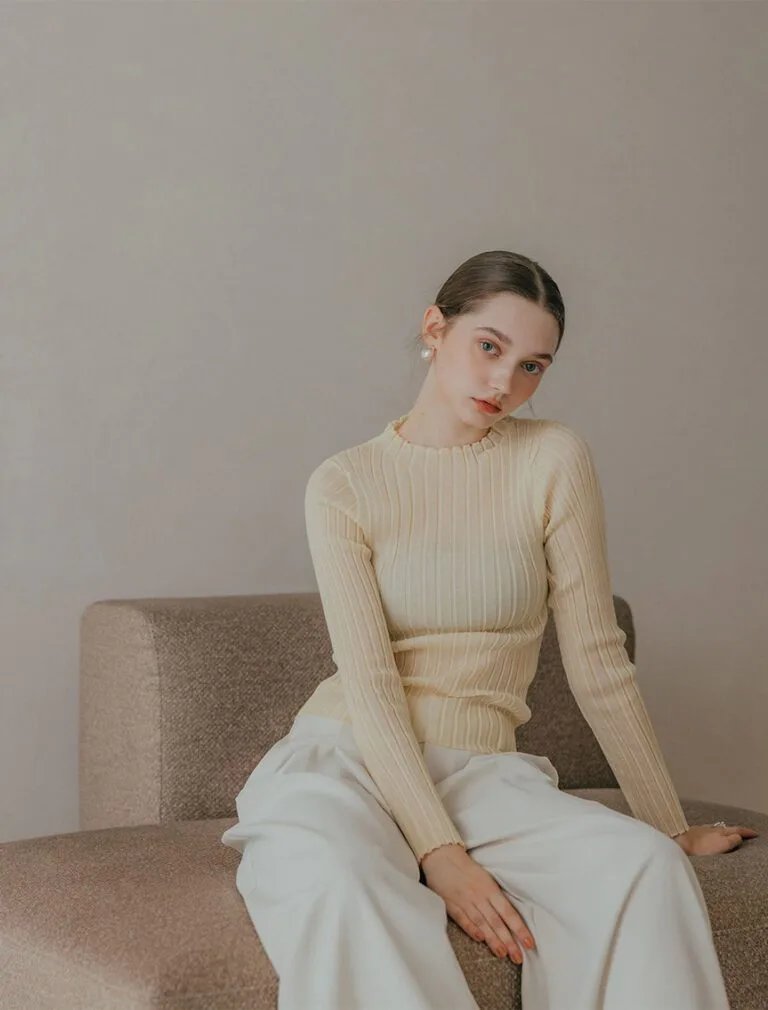 Silver-Threaded Ruffled Neck Top beige front 2
