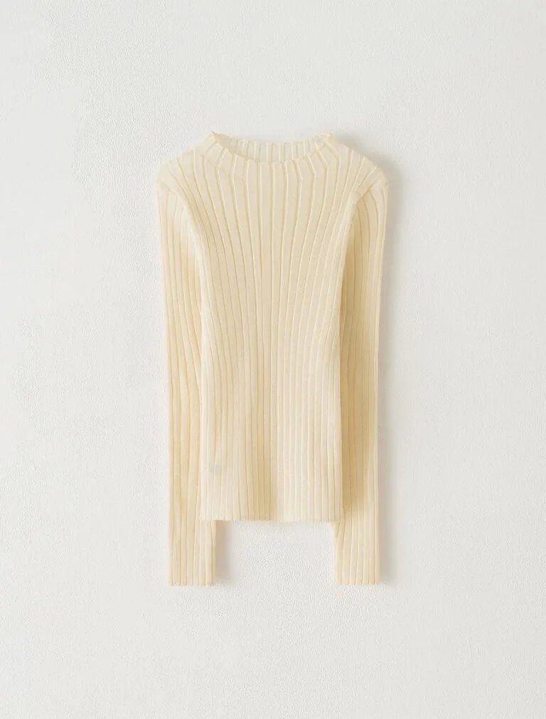 Silver-Threaded Ruffled Neck Top beige front
