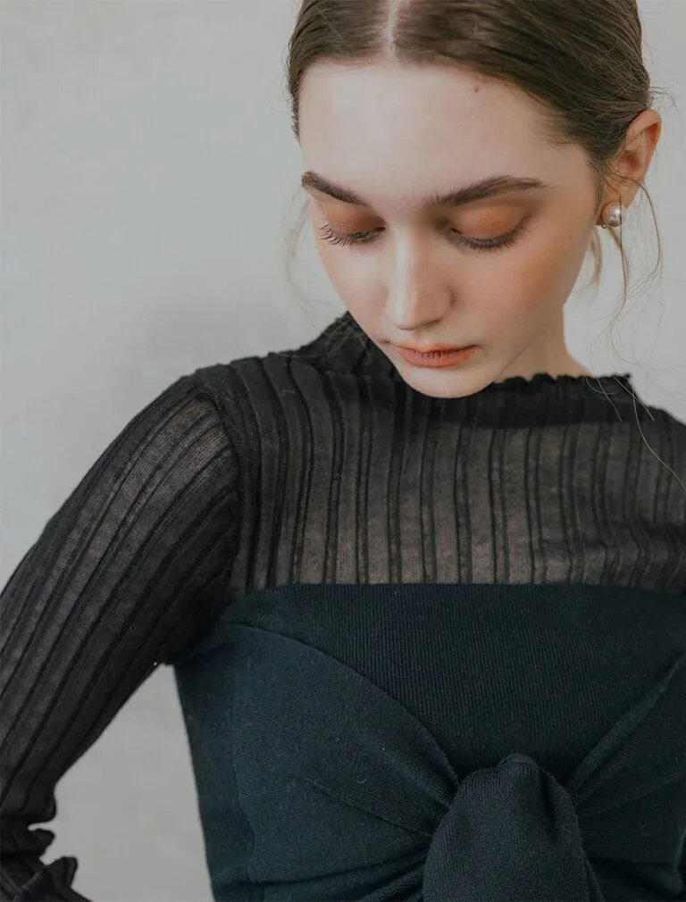 Silver-Threaded Ruffled Neck Top black front 1