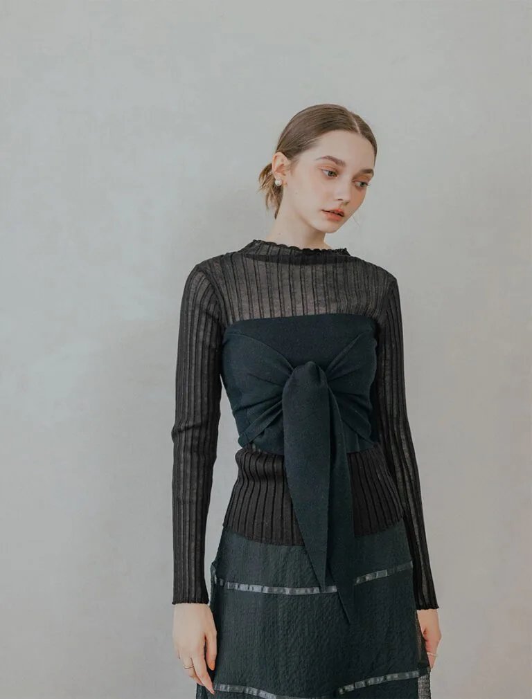 Silver-Threaded Ruffled Neck Top black front 2