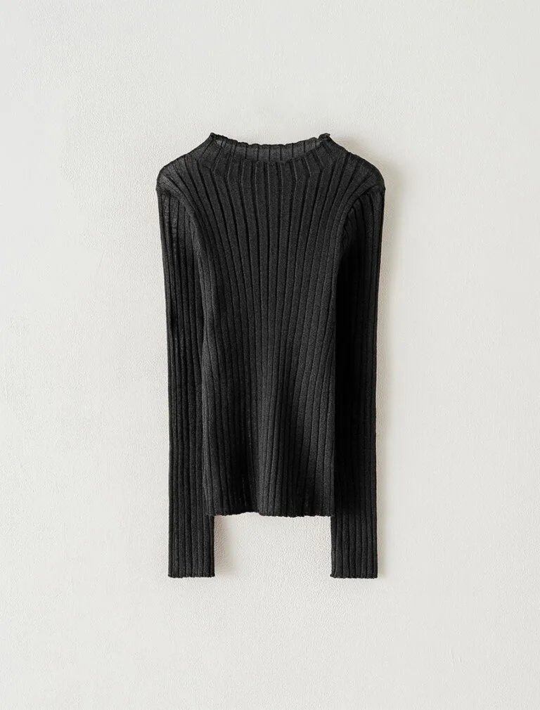 Silver-Threaded Ruffled Neck Top black front