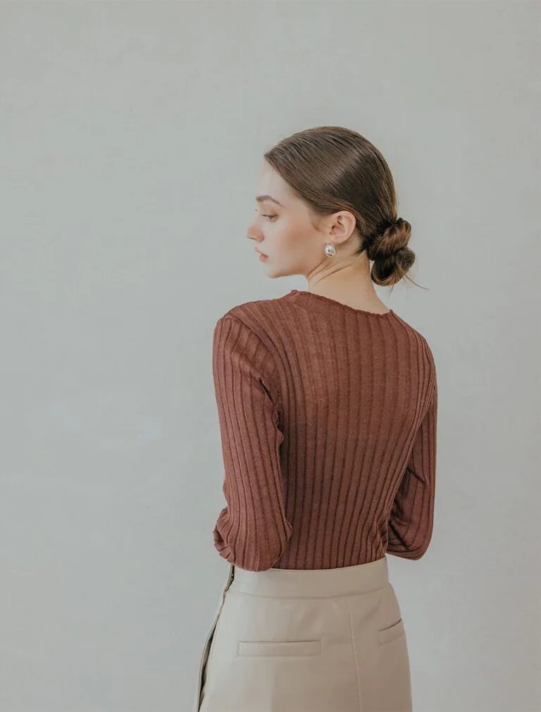 Silver-Threaded Ruffled Neck Top brown back
