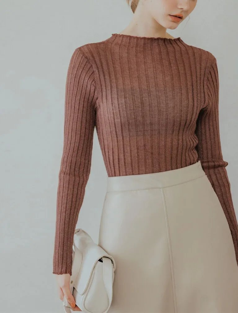 Silver-Threaded Ruffled Neck Top brown front 2