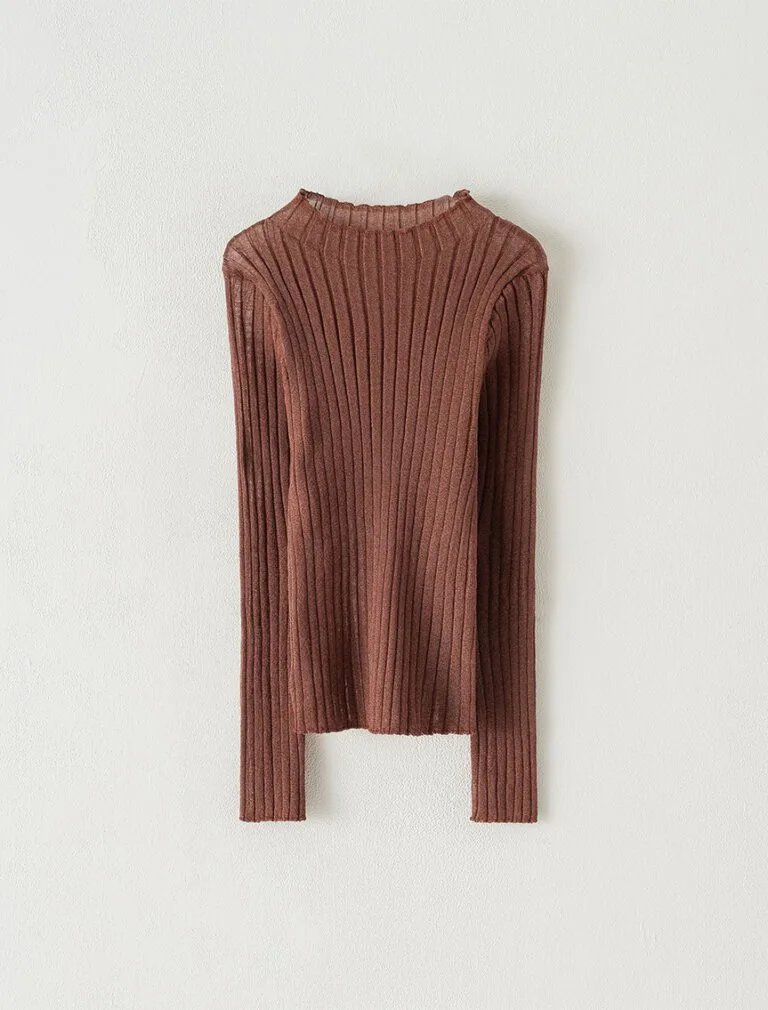 Silver-Threaded Ruffled Neck Top brown front
