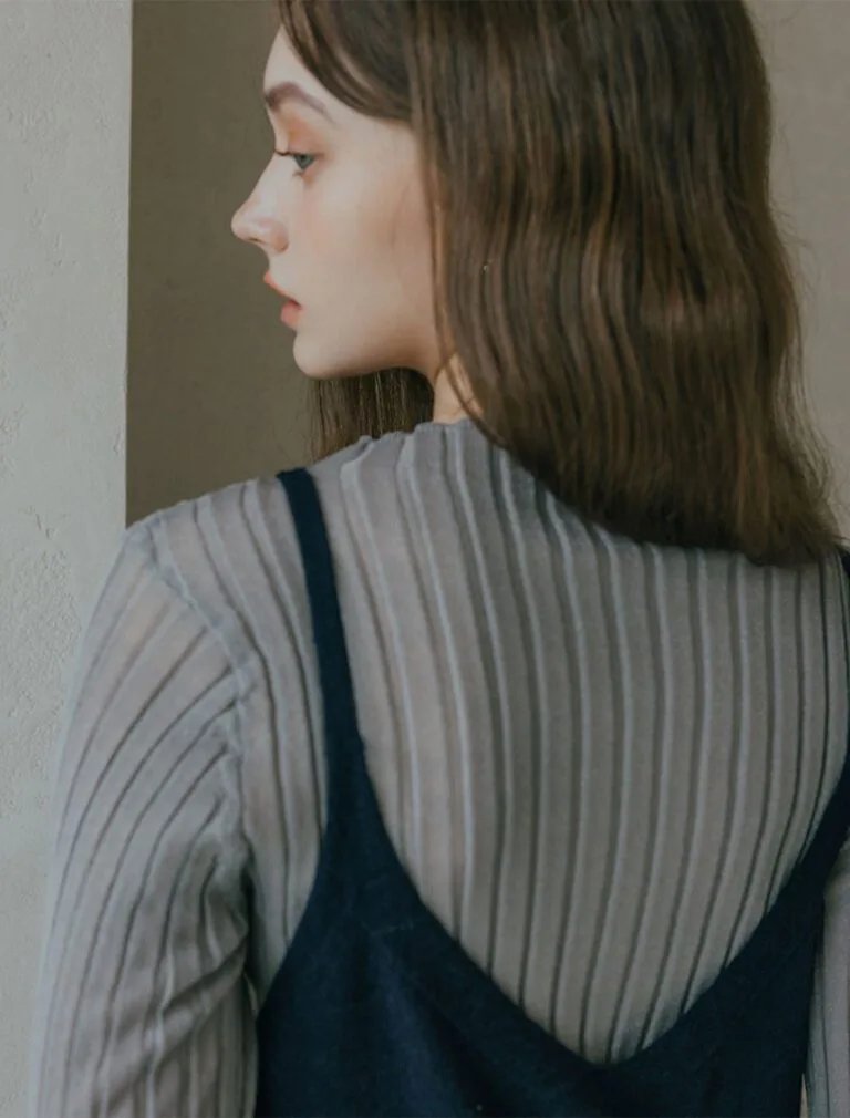 Silver-Threaded Ruffled Neck Top gray blue back