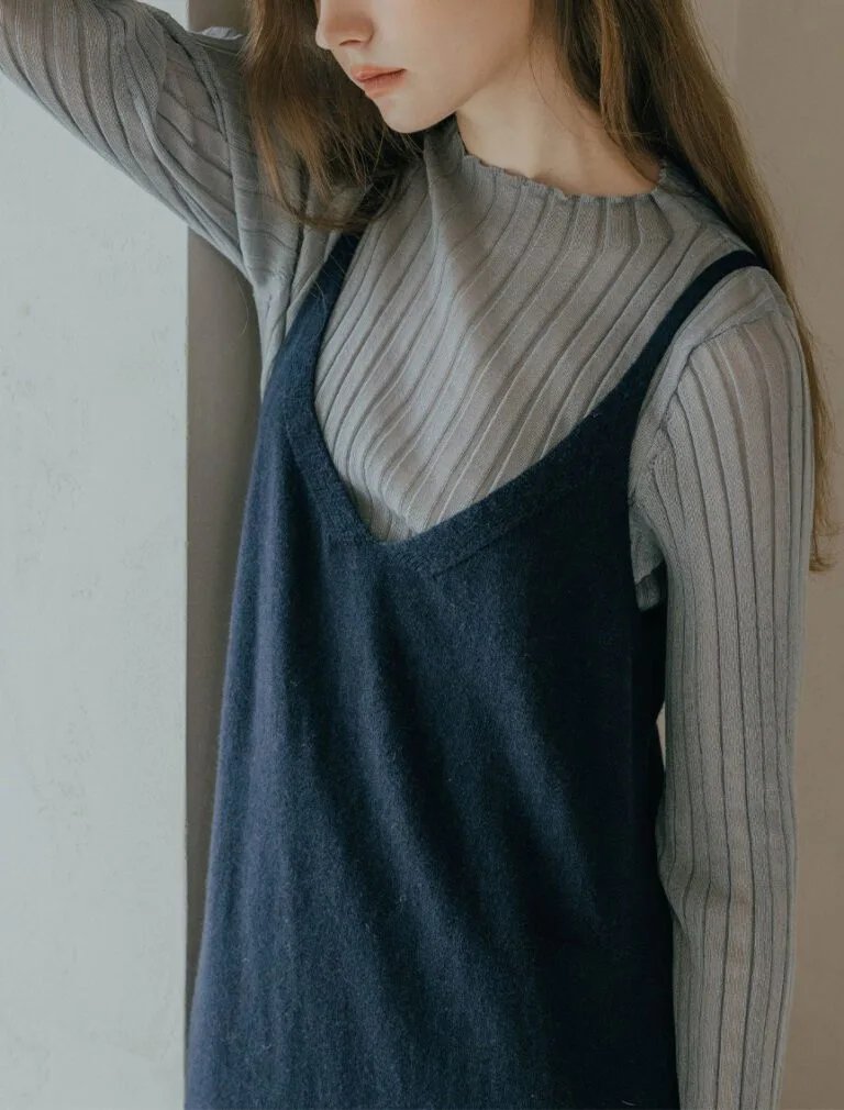 Silver-Threaded Ruffled Neck Top gray blue front 1