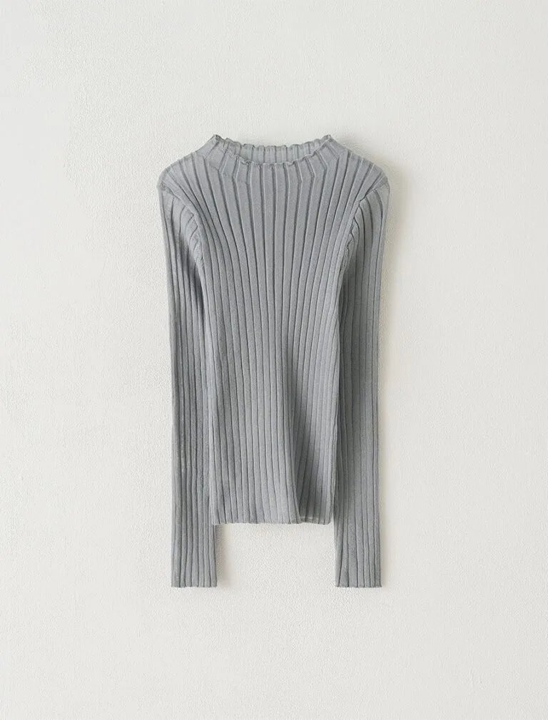 Silver-Threaded Ruffled Neck Top gray blue front