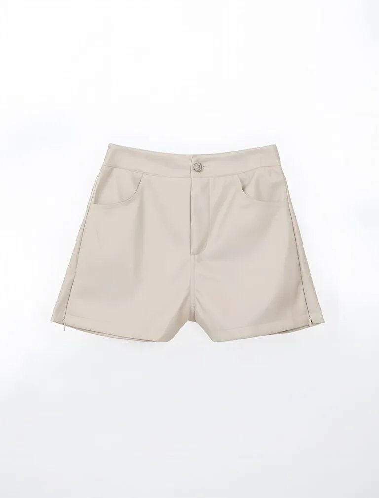 Soft Matte Stretch Faux Leather Shorts beige front