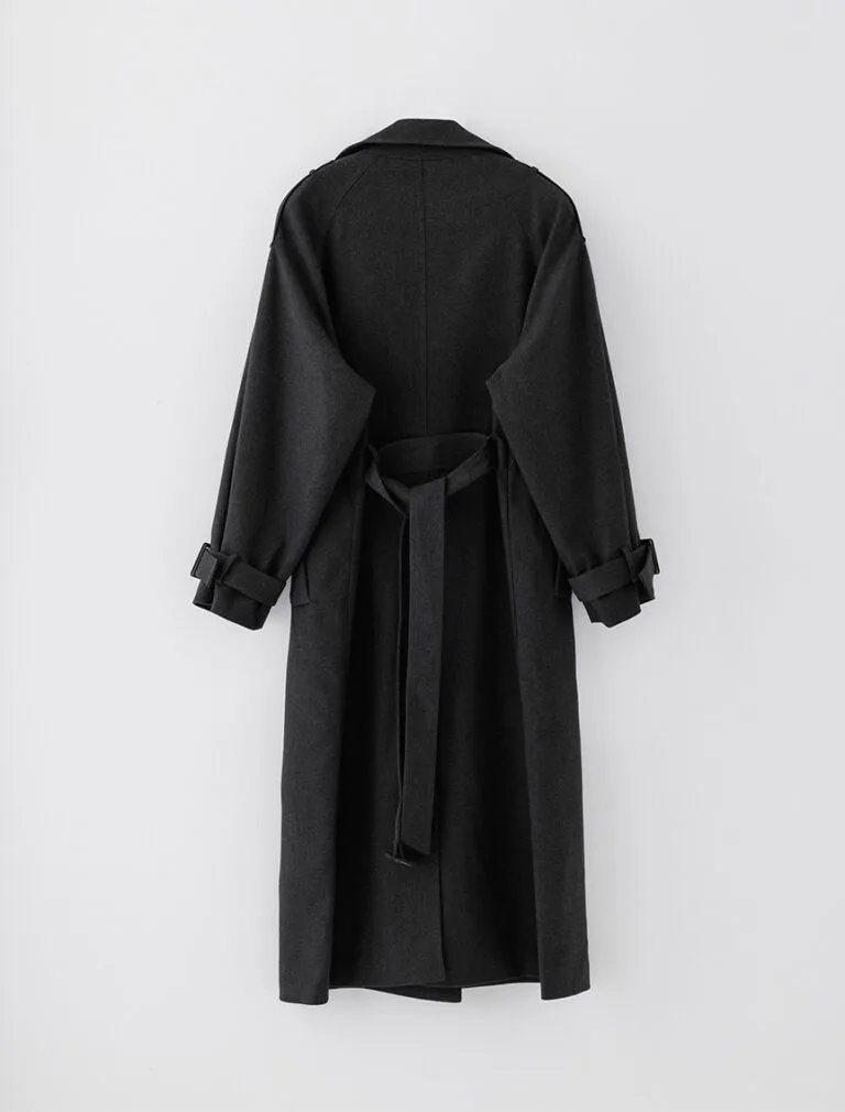Waist-Tie Long Coat grey back