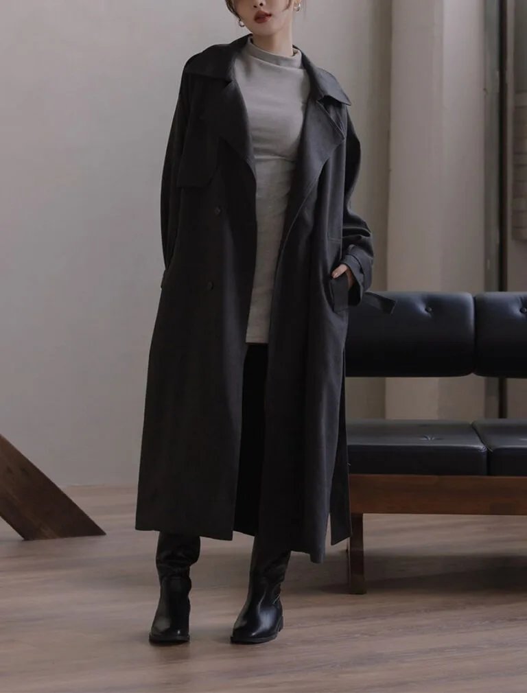 Waist-Tie Long Coat grey front 1