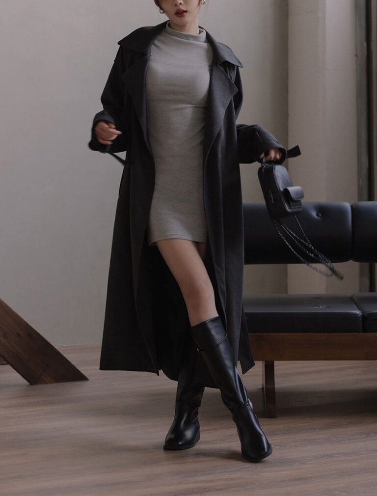 Waist-Tie Long Coat grey front 2