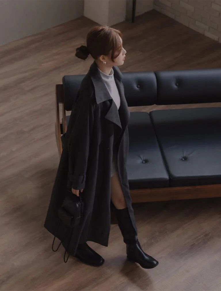 Waist-Tie Long Coat grey front 3