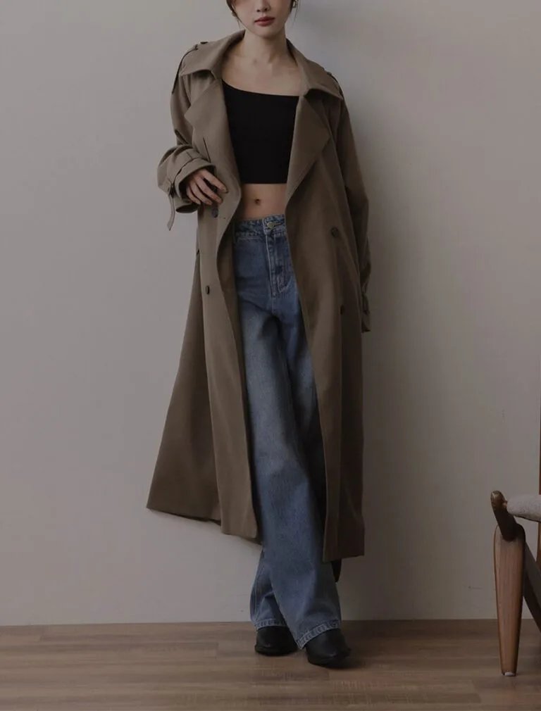 Waist-Tie Long Coat khaki front 1