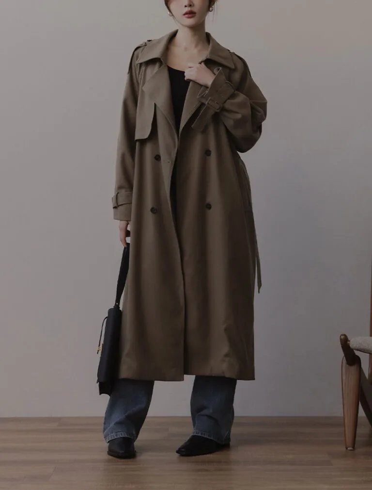 Waist-Tie Long Coat khaki front