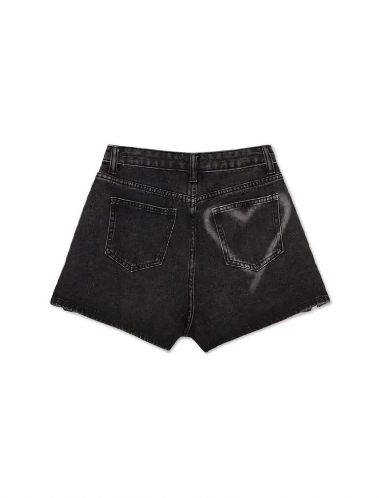 Washed Heart Side Slit Jeans Denim Shorts black back