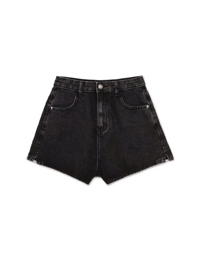 Washed Heart Side Slit Jeans Denim Shorts black front