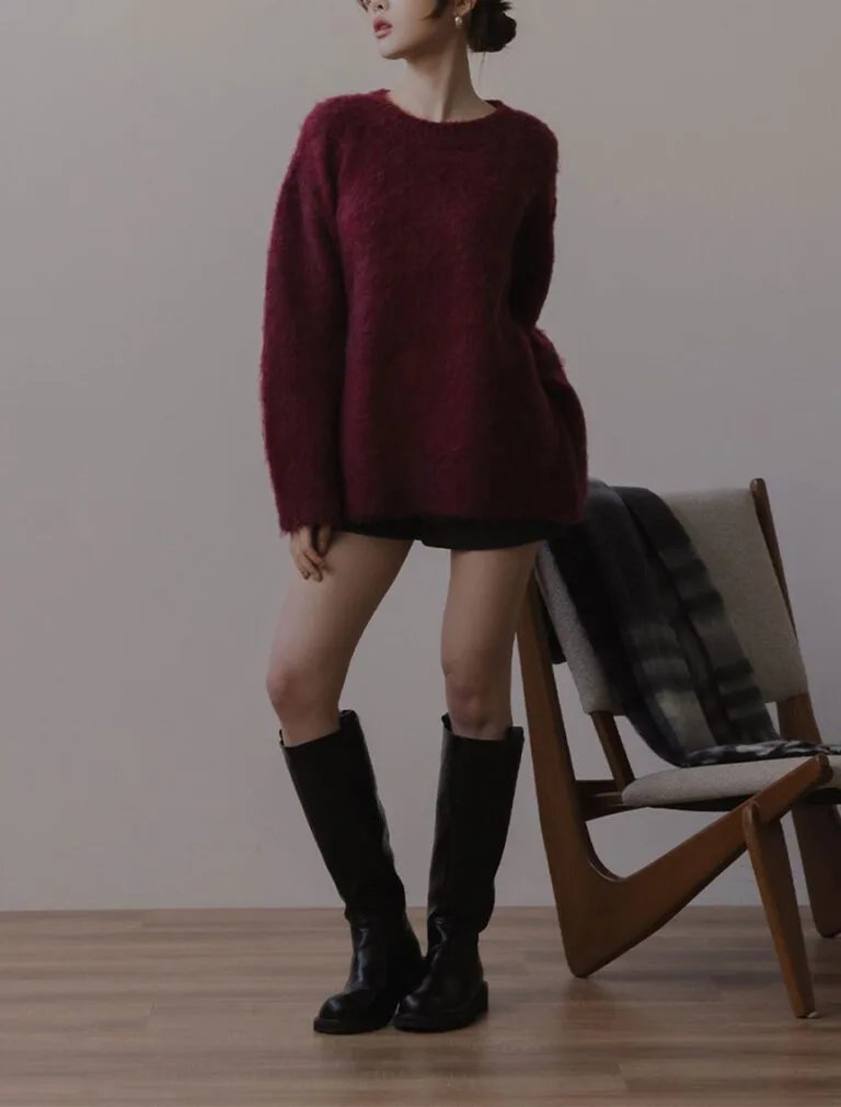 Wool Loose-Fit Knit Sweater burgundy front 1