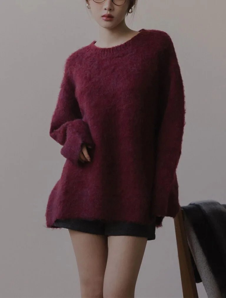 Wool Loose-Fit Knit Sweater burgundy front
