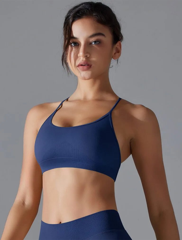 Cross Back High-Elastic Sports Bra blue front