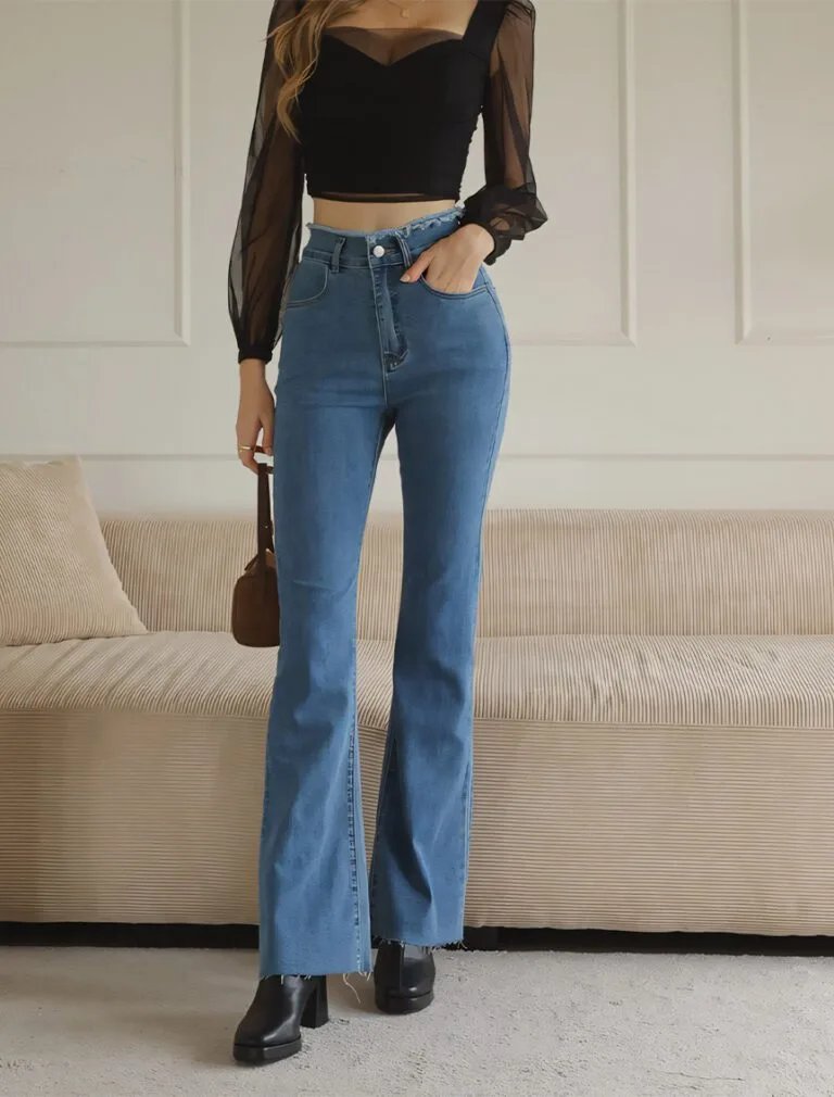 Distressed Frayed Hem Flare Jeans blue front 1