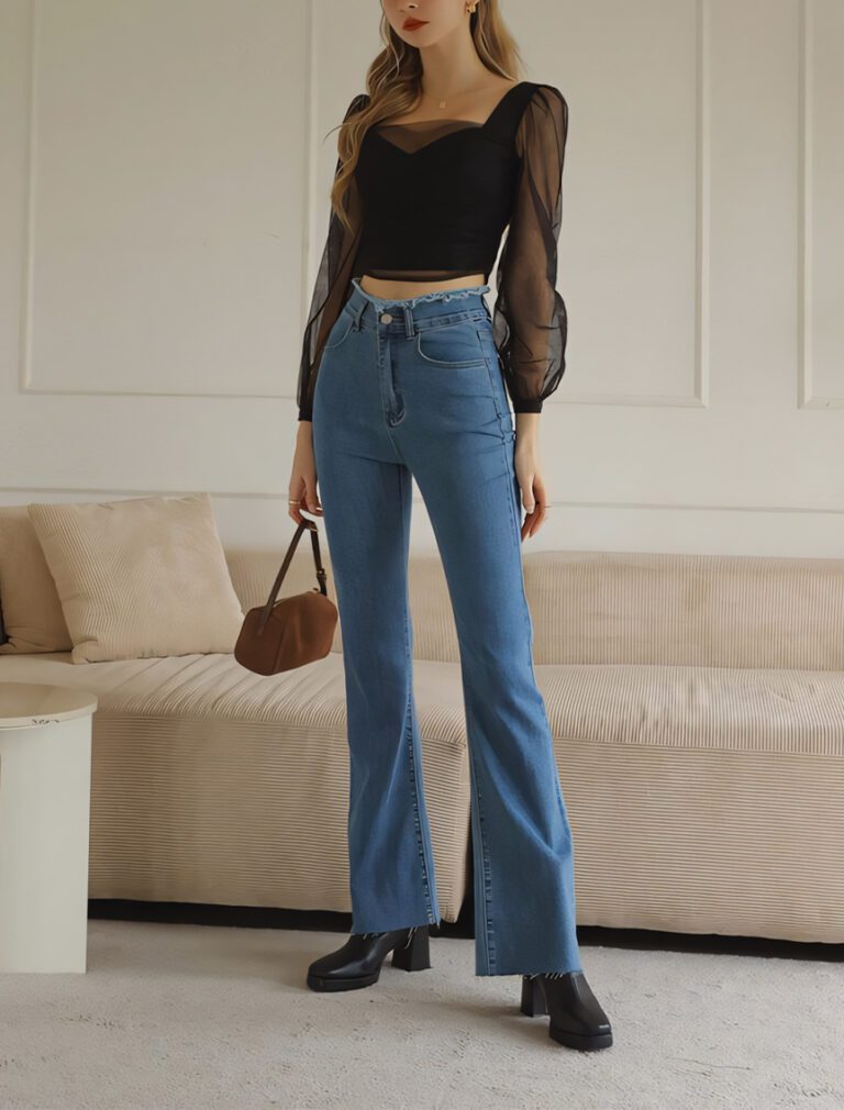 Distressed Frayed Hem Flare Jeans blue front 2