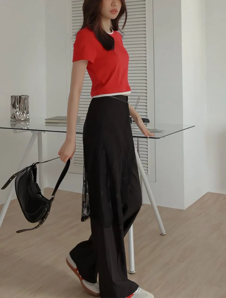 Faux 2 Piece Layered Cotton Top red front 1