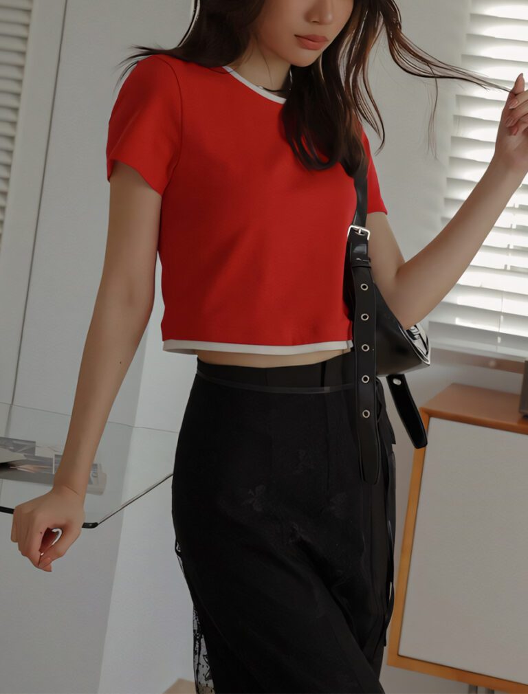 Faux 2 Piece Layered Cotton Top red front 2