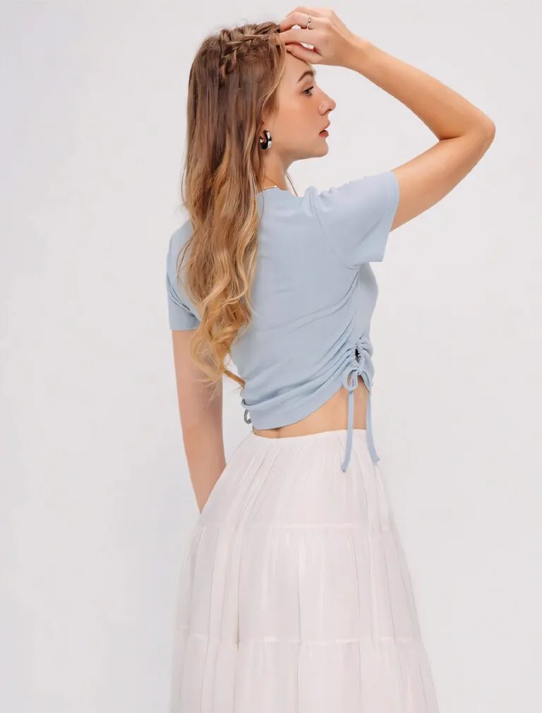 Ribbed Side Tie Crew Neck Top blue back 1