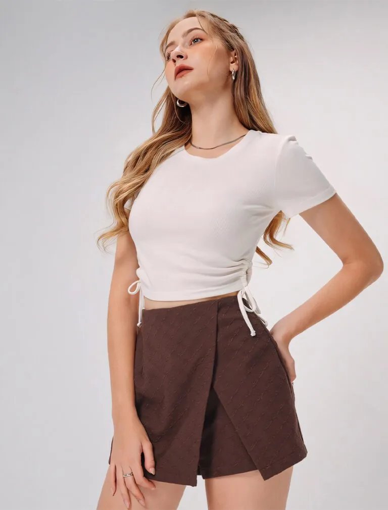 Ribbed Side Tie Crew Neck Top white front 1