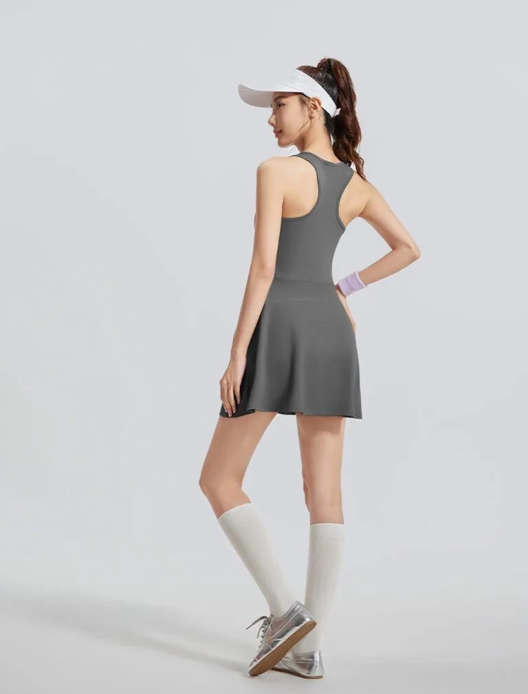Zip-Up One-Piece Sports Dress grey back