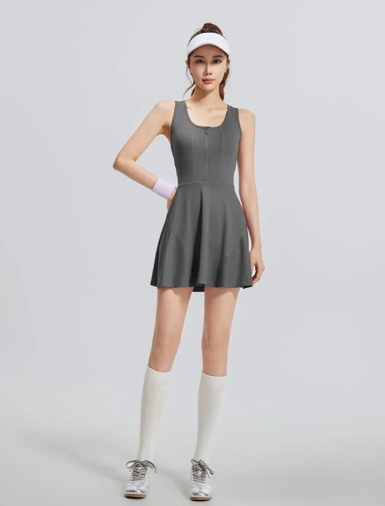 Zip-Up One-Piece Sports Dress grey front